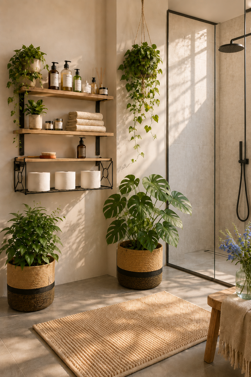 Plant-filled bathroom with wooden shelves and soft bath mat