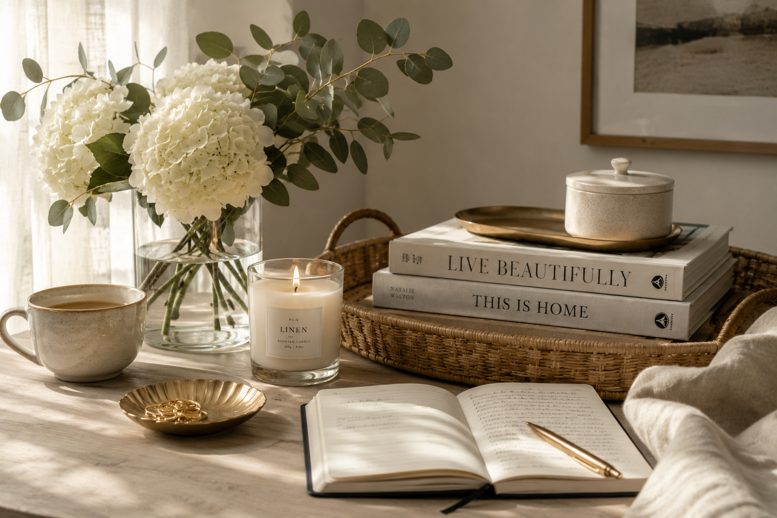 Calm table styling with candle, notebook and tray for everyday use