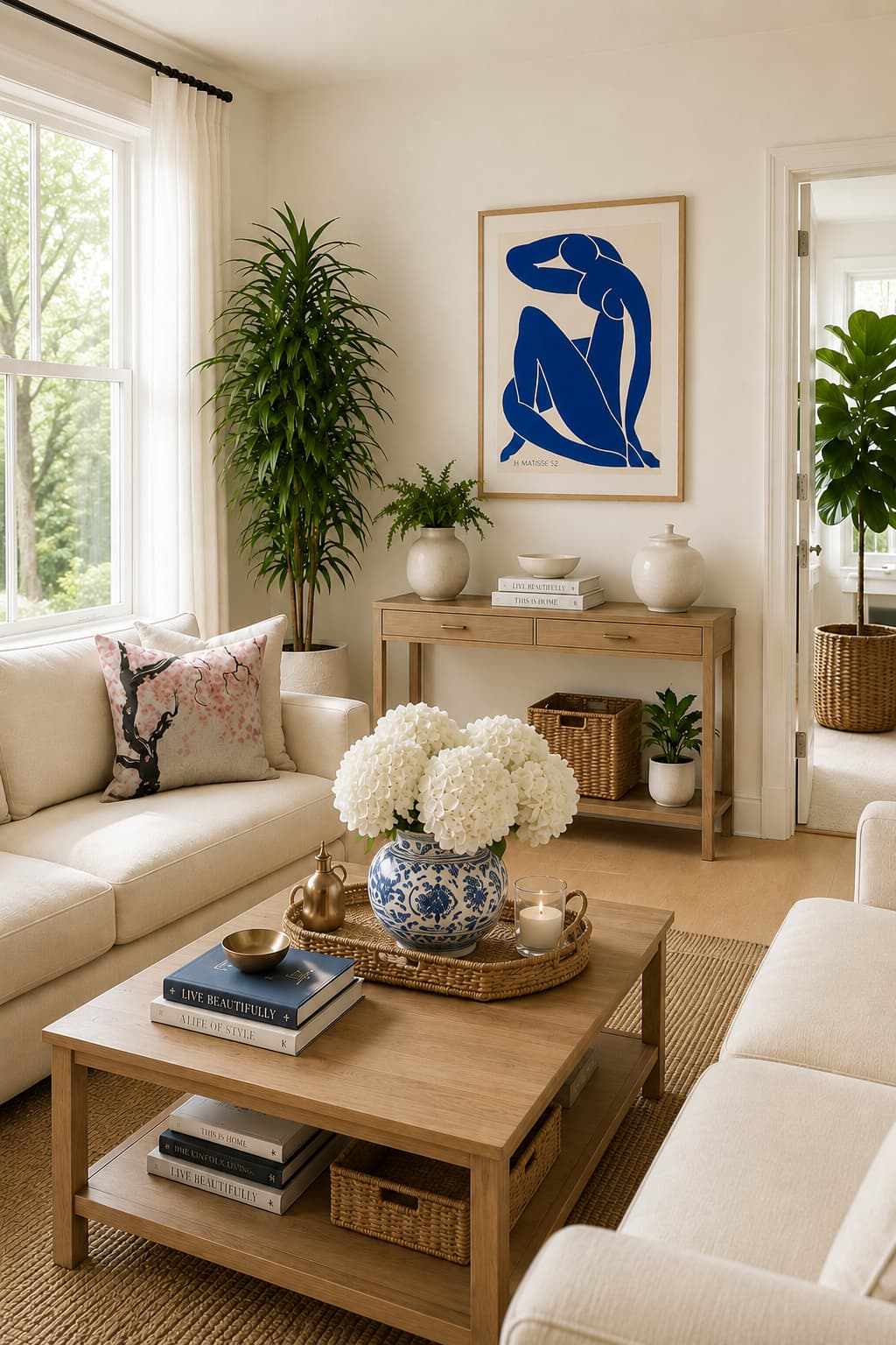 Blue and white living room with clean lines and calm styling