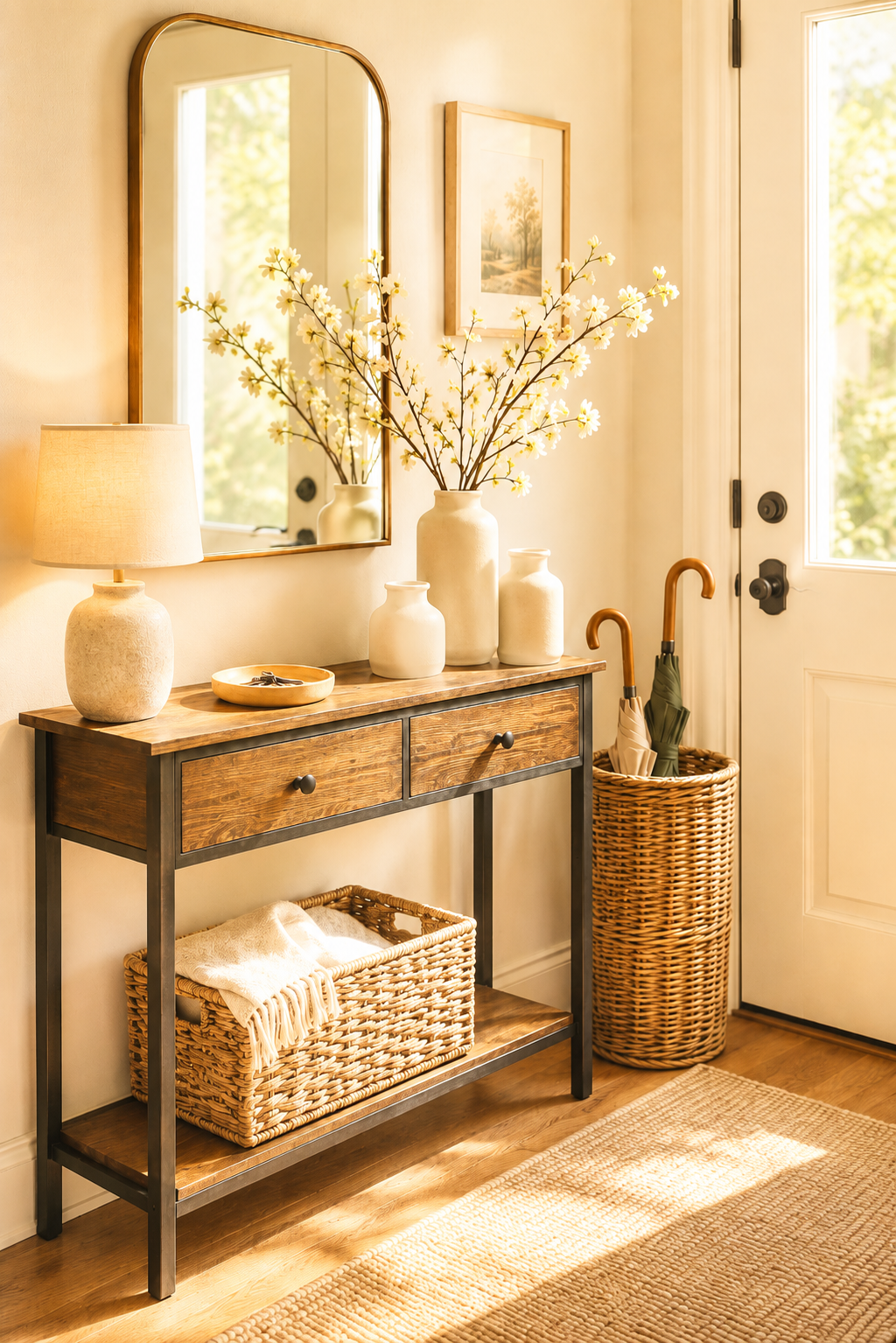 Bright entryway with console table, mirror, baskets and blossom branches