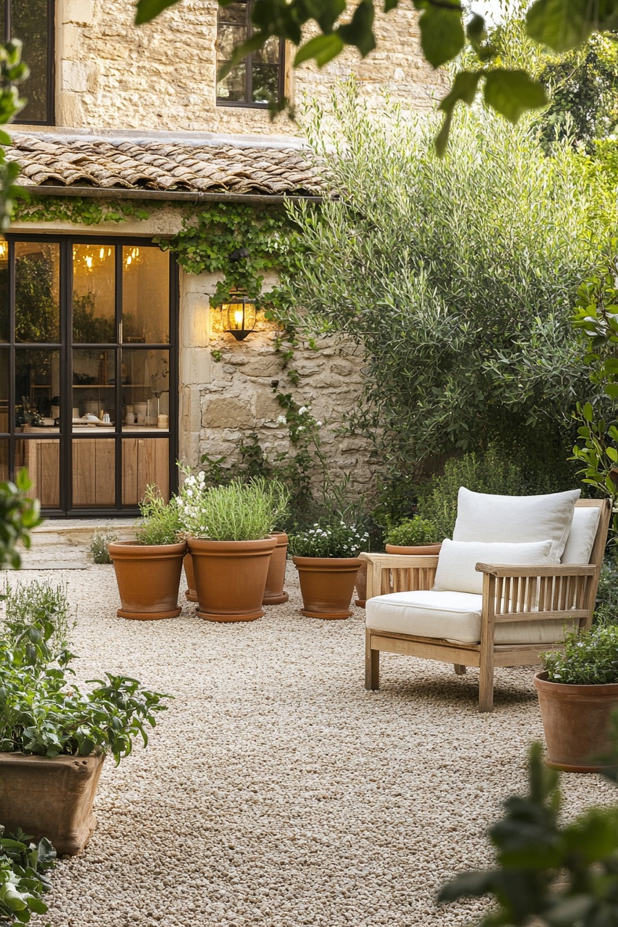 Peaceful garden with terracotta pots and outdoor seating