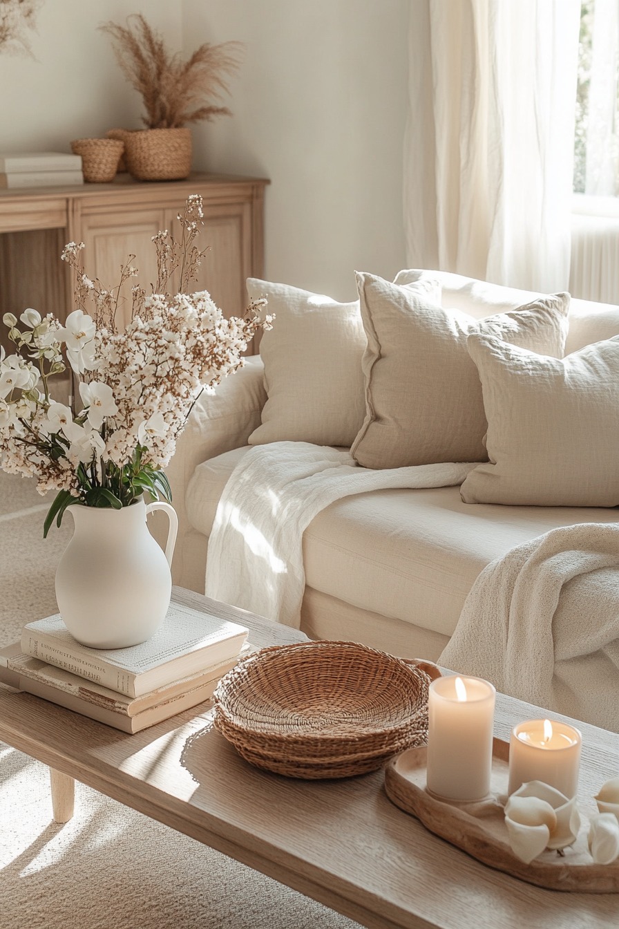 Calm neutral living room with natural textures and soft lighting