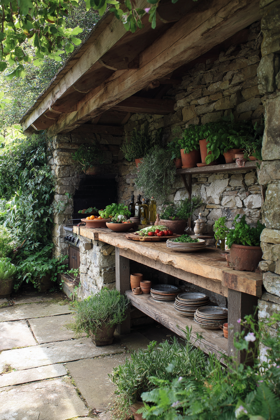 Rustic outdoor kitchen with stone walls, wooden shelves, terracotta pots and blue ceramic plates