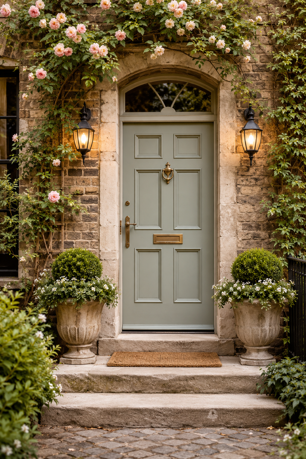 Charming cottage entrance with roses, a welcoming front door and pretty planting
