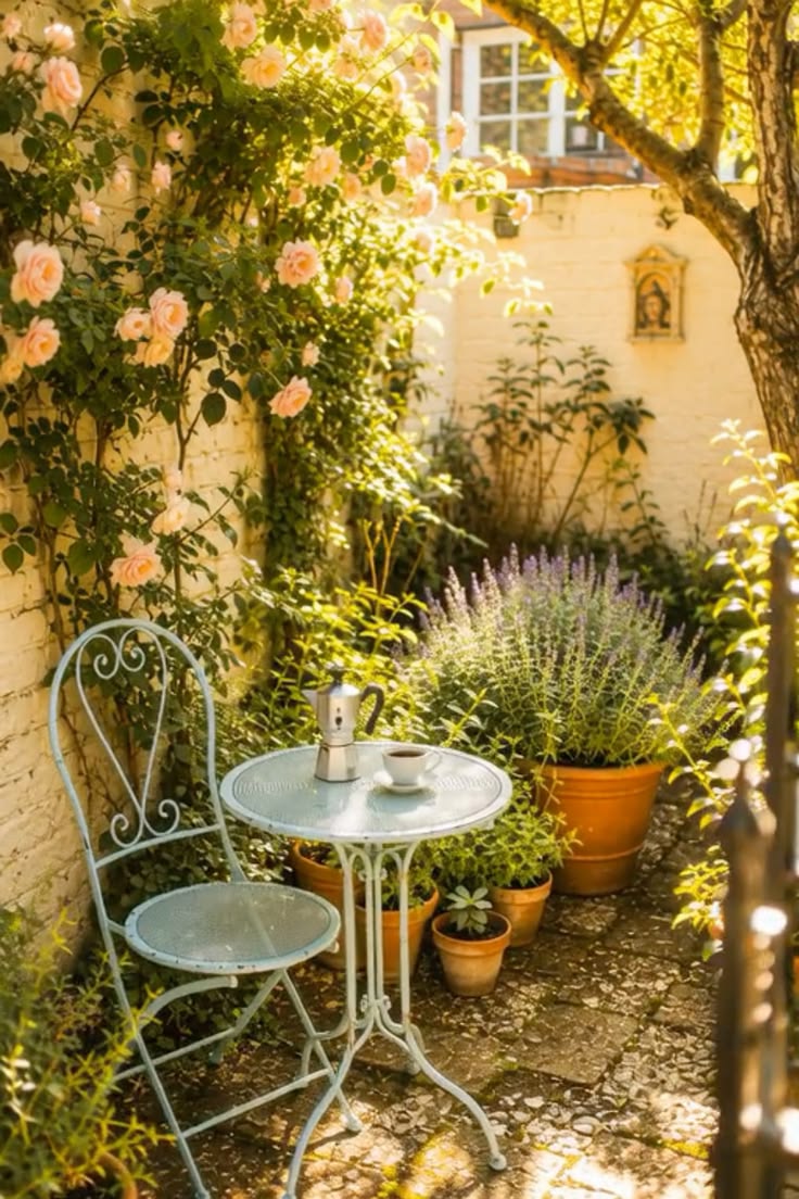 A sun-dappled courtyard with a white metal bistro set, climbing roses, lavender and terracotta pots on a cobbled floor