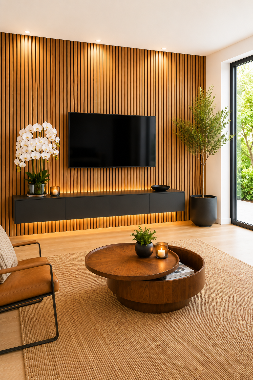 Warm minimalist living room with oak acoustic slat wall panels, round storage coffee table, jute rug and white orchid arrangement