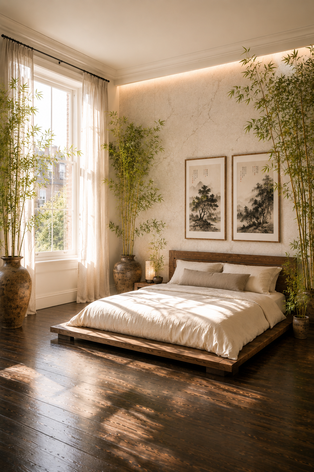 A Japanese-inspired bedroom with low platform bed, dark floorboards, tall bamboo plants and Chinese ink prints