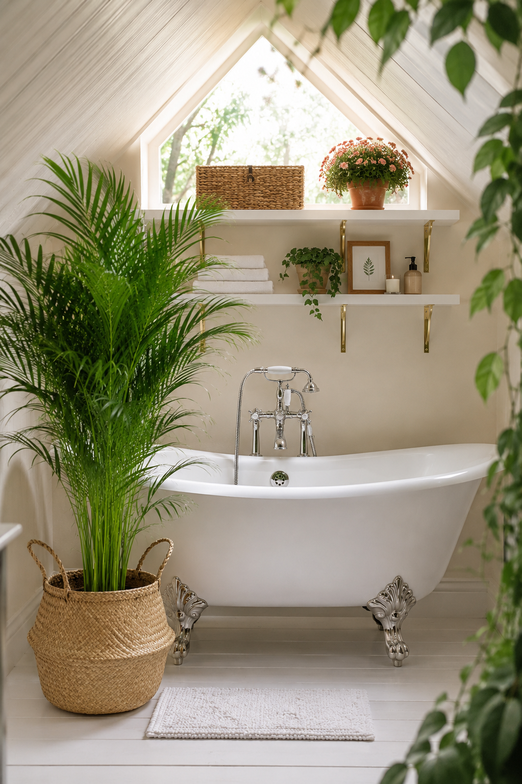 Bright botanical bathroom with clawfoot bath, large areca palm in seagrass basket and vaulted tongue-and-groove ceiling