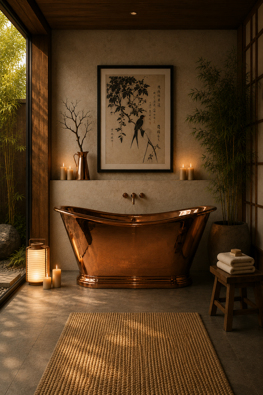 Japanese inspired bathroom with polished copper freestanding bath, bamboo, candlelight and Japanese swallow print