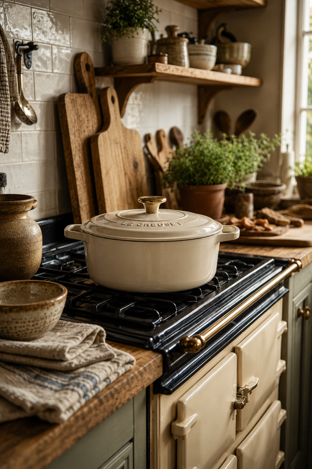 Cream Le Creuset casserole dish on an Aga range in a warm country kitchen with wooden shelves, herb pots and linen tea towels