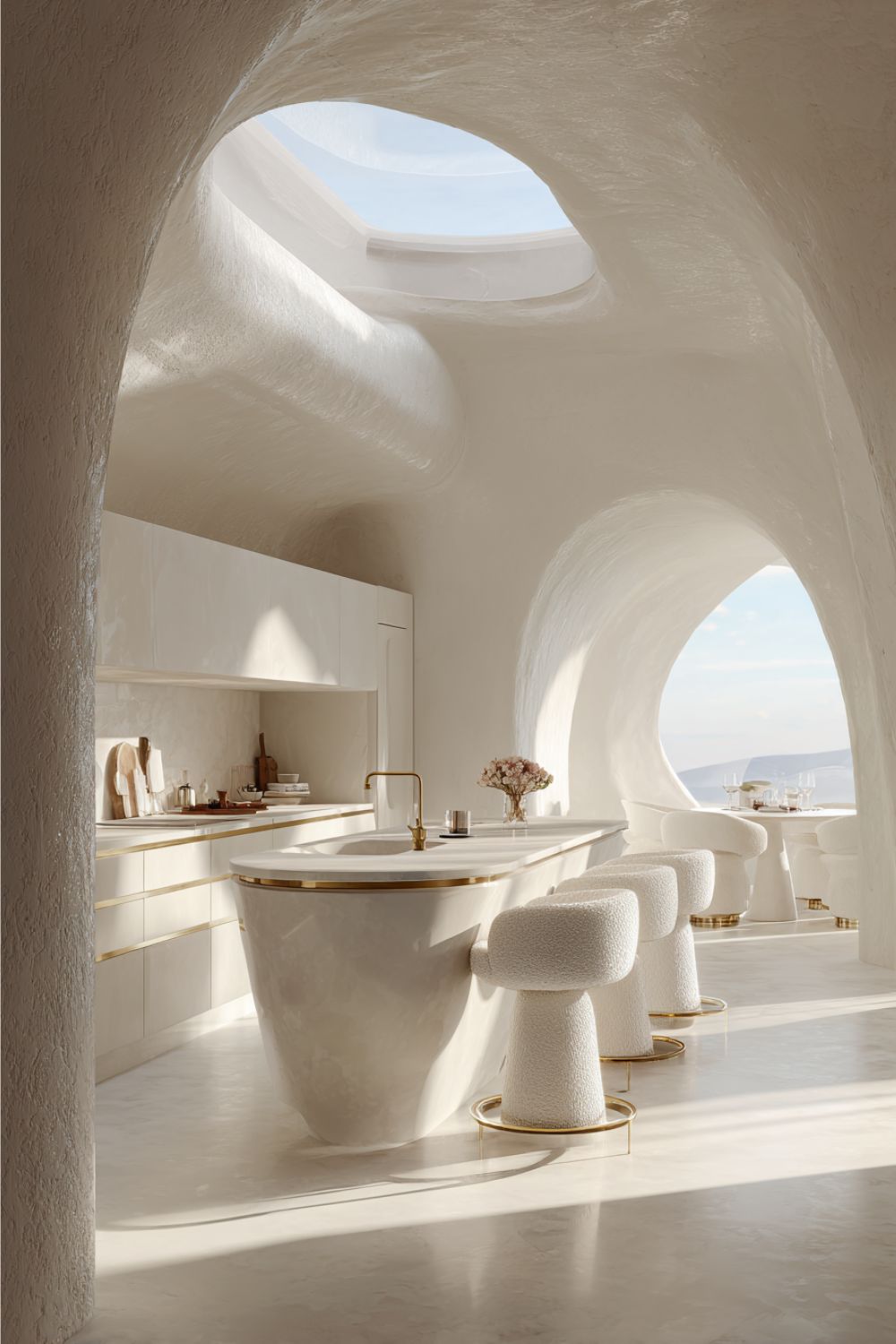 A futuristic white kitchen with a dining area and sky view