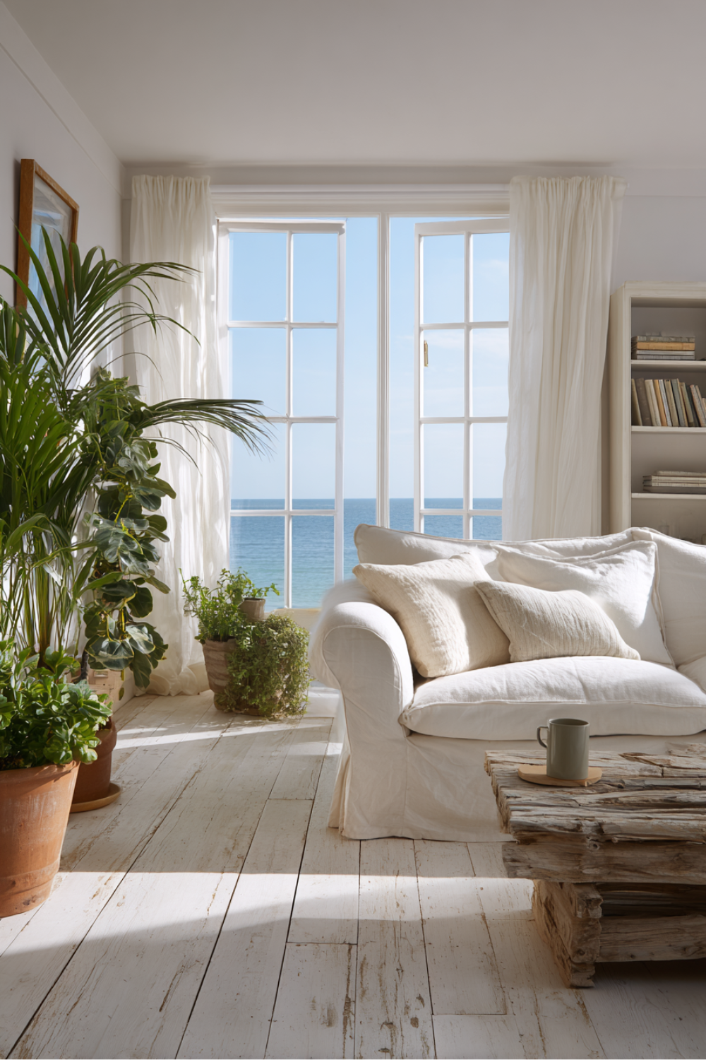 Bright coastal living room with white walls, sheer linen curtains, driftwood coffee table, linen sofa and an abundance of plants with a sea view