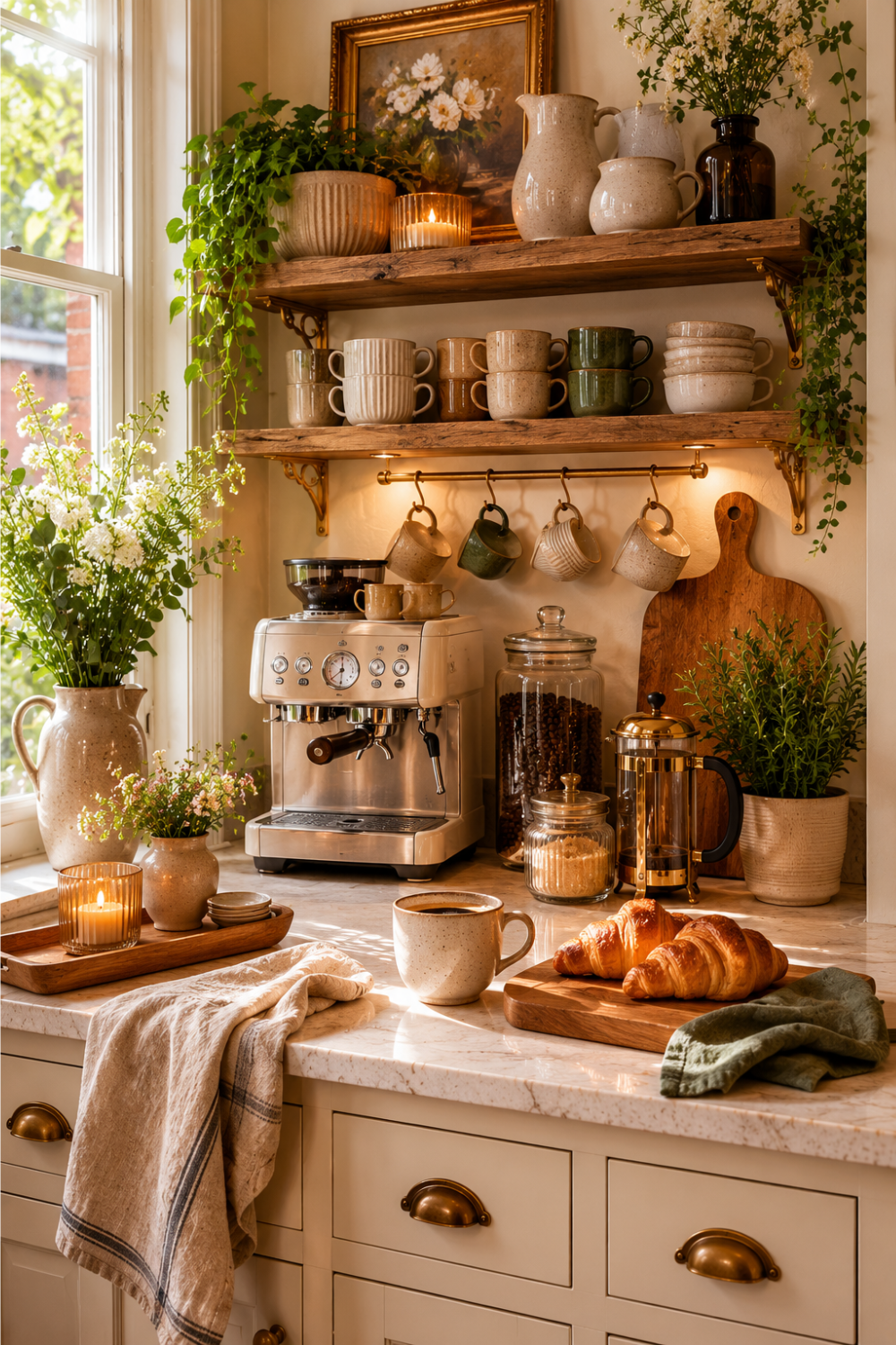 Beautiful coffee corner with cream cabinets, open shelving, stoneware mugs and soft morning light