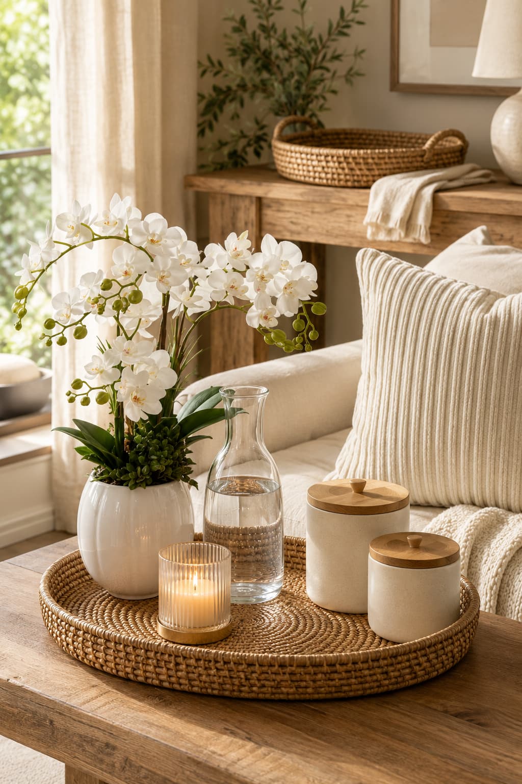 Coffee table styled with white orchid, rattan tray, glass carafe and ceramic jars