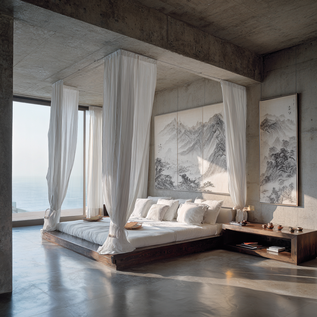 A minimalist concrete bedroom with a canopy bed, sheer white drapes and Chinese ink prints