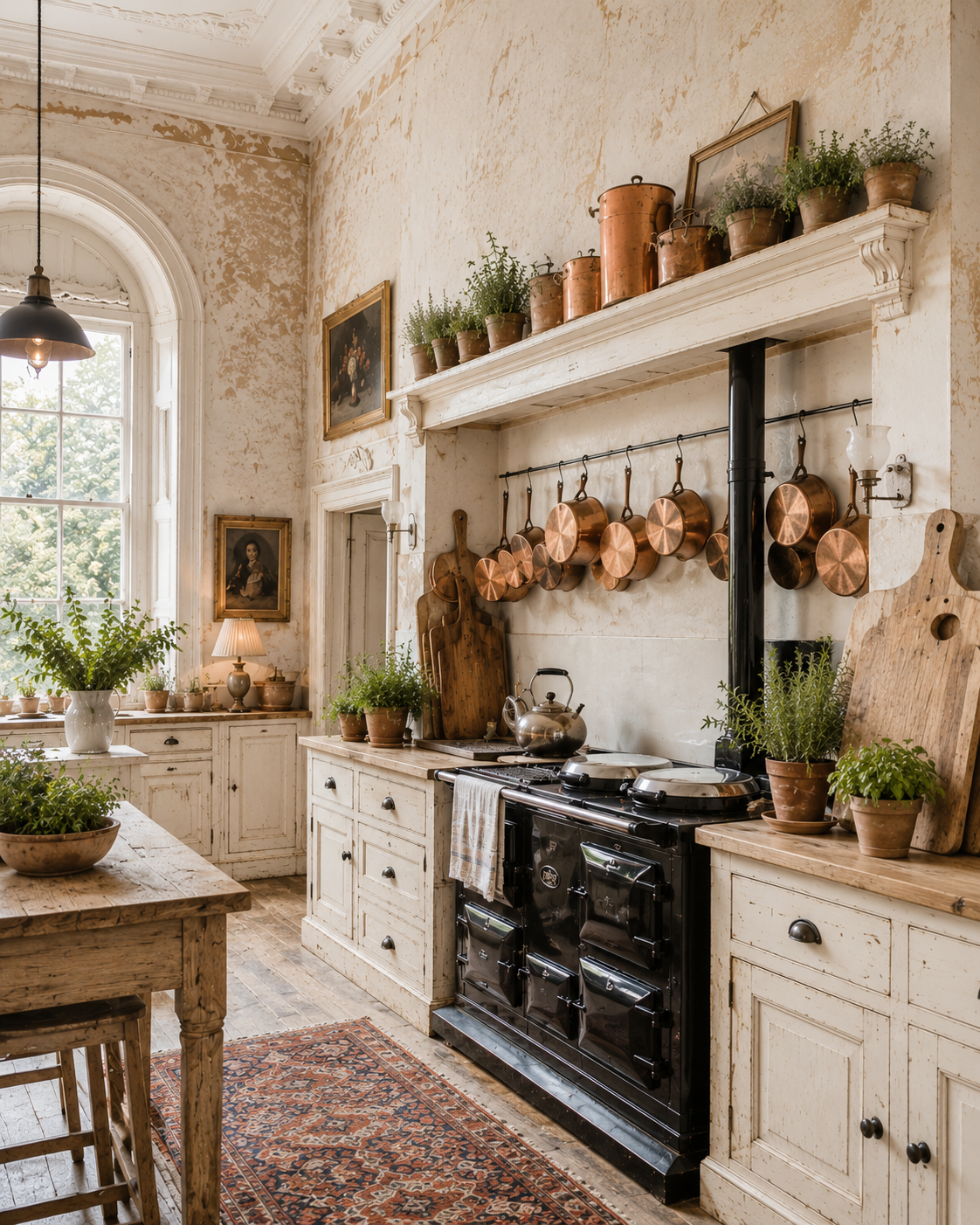 A farmhouse kitchen with an Aga, copper pans hanging from a rail, wooden chopping boards and terracotta herb pots