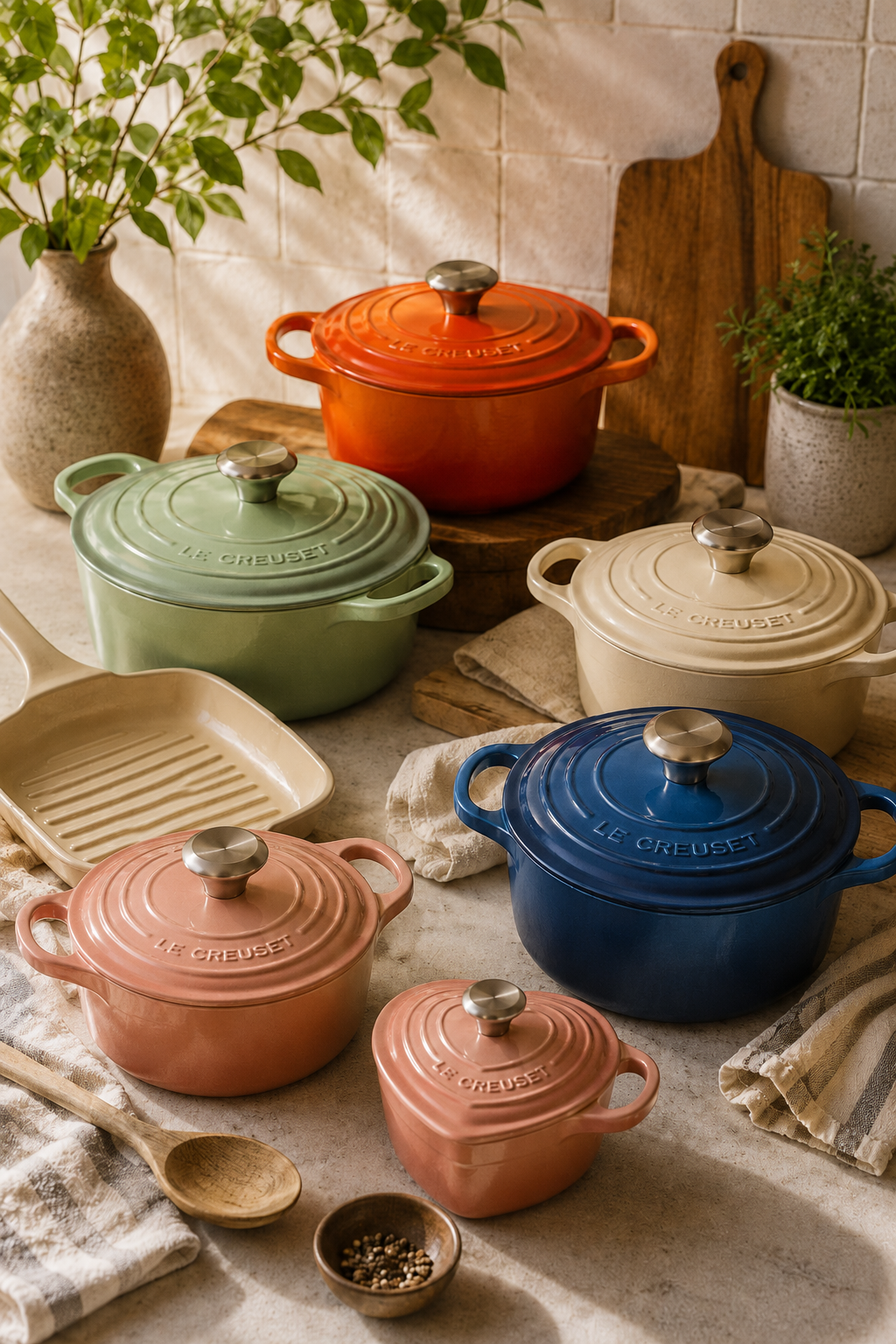 Colourful Le Creuset-style casserole dishes arranged on a warm kitchen worktop with herbs, linens and wooden boards