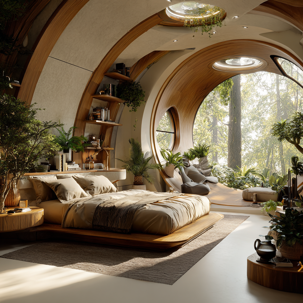A futuristic Japandi bedroom with curved oak arches, trailing plants and a forest view