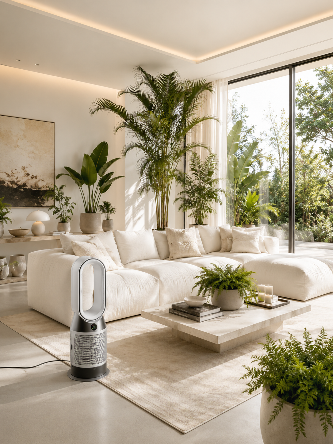 A calm, plant-filled living room with cream sofa, travertine coffee table, large palms and a Dyson air purifier in the foreground