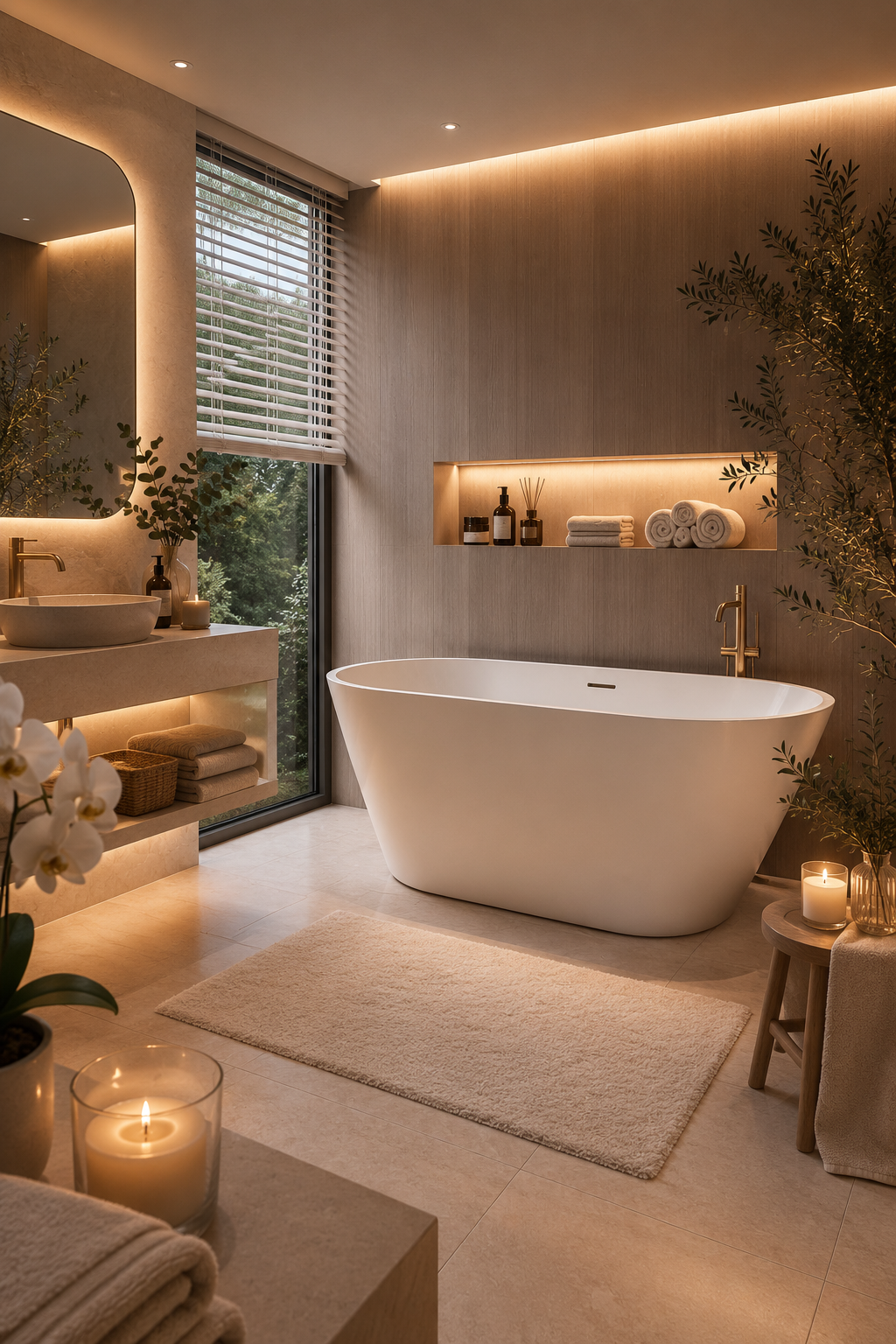 A warm modern bathroom with freestanding white bath, brushed gold taps, LED lighting and orchids