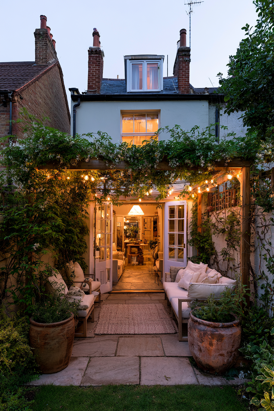 A small garden patio styled with festoon lights, a garden sofa, large ceramic pots and a woven outdoor mat