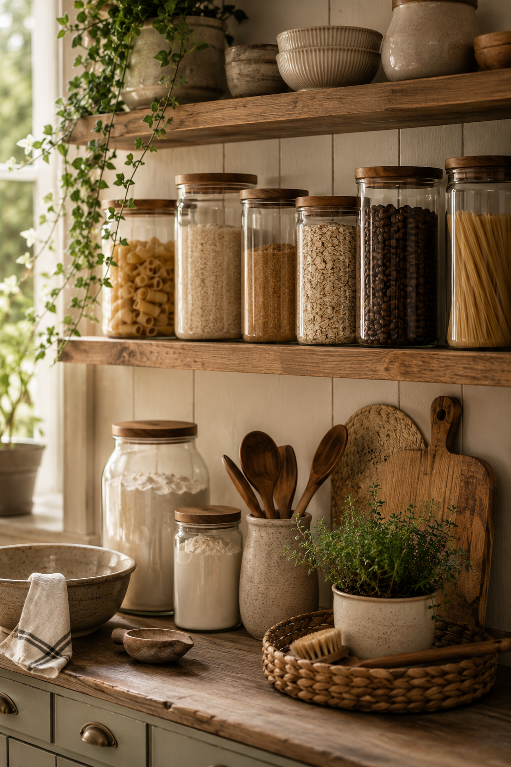 Glass storage jars with wooden lids on open kitchen shelving with dried ingredients, warm morning light and natural textures