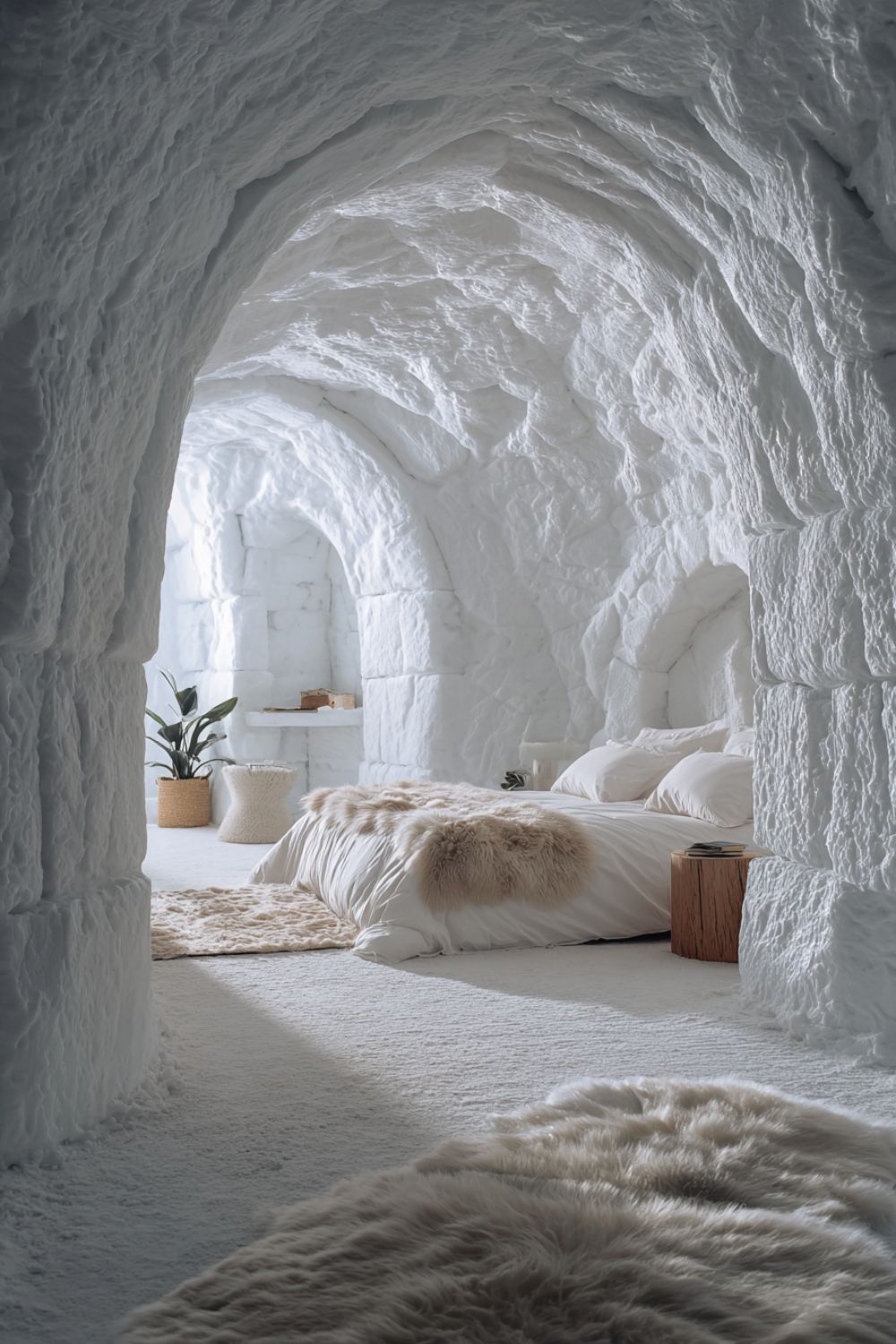 A dreamy bedroom carved into white ice with arched ceilings, fur throws, linen bedding and a potted plant