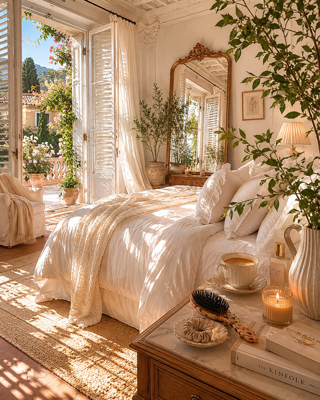 A soft white Italian villa bedroom with linen bedding, open shutters, morning sunlight and green plants