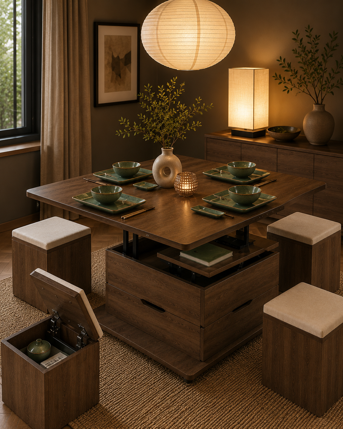 Japandi dining room with fold away table, storage stools, green ceramic sushi set and warm Japanese lighting