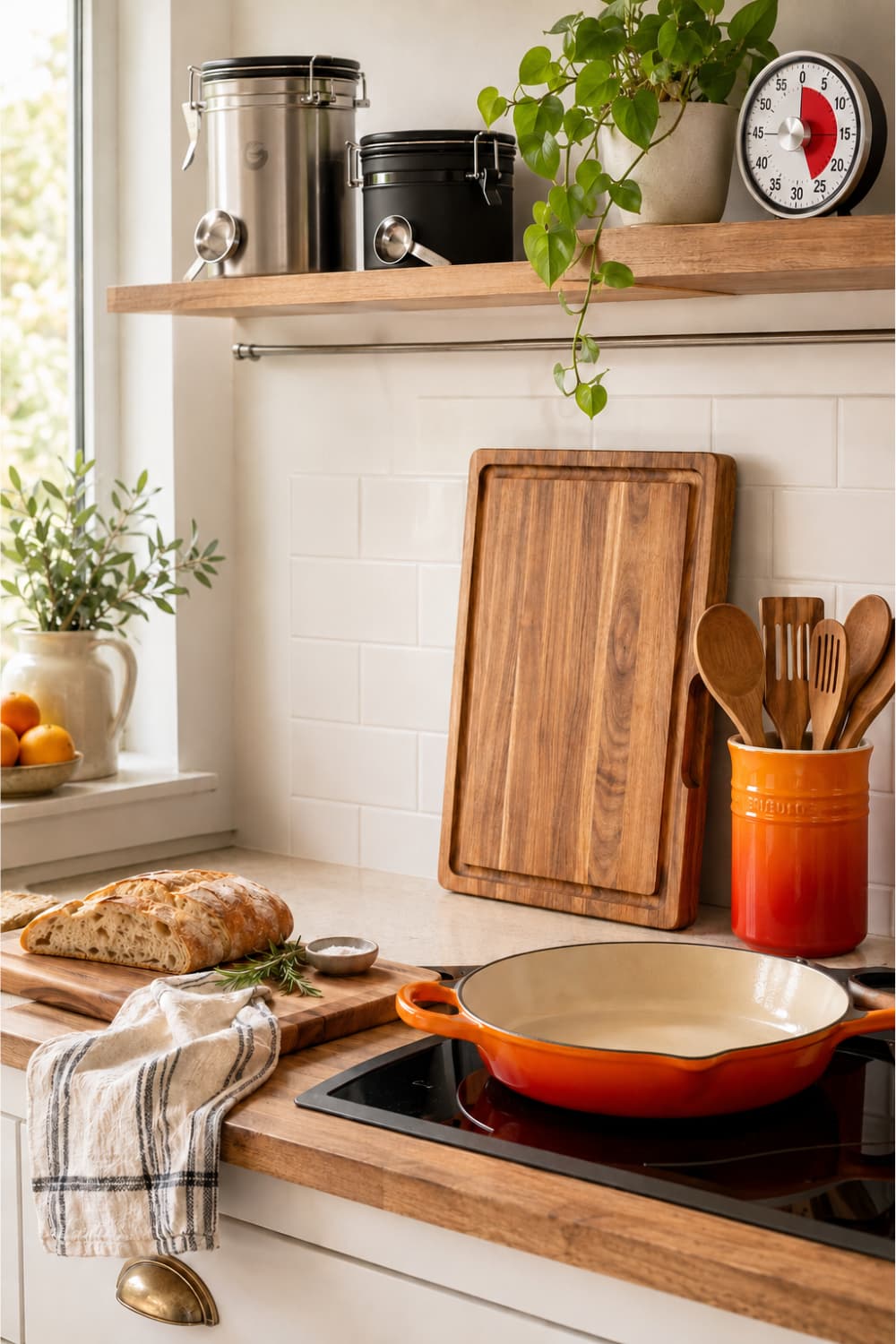 Bright kitchen counter with Le Creuset orange pan, wooden chopping board, coffee canisters and retro timer