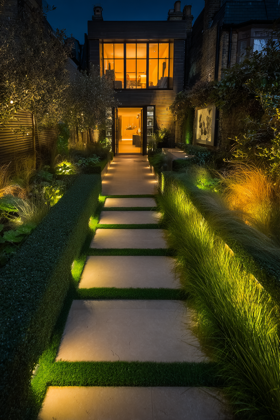 A warmly lit evening garden with uplighted trees, glowing lanterns and a cosy outdoor seating area
