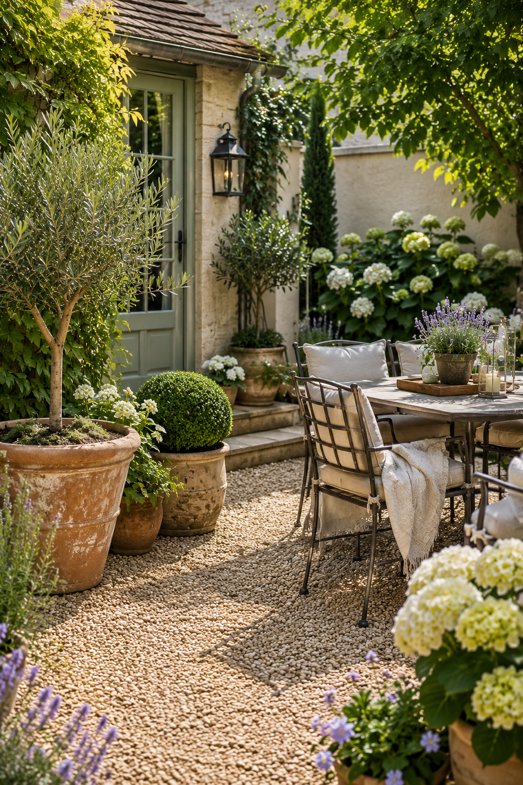 Beautifully styled garden with larger pots, gravel, soft planting and outdoor seating