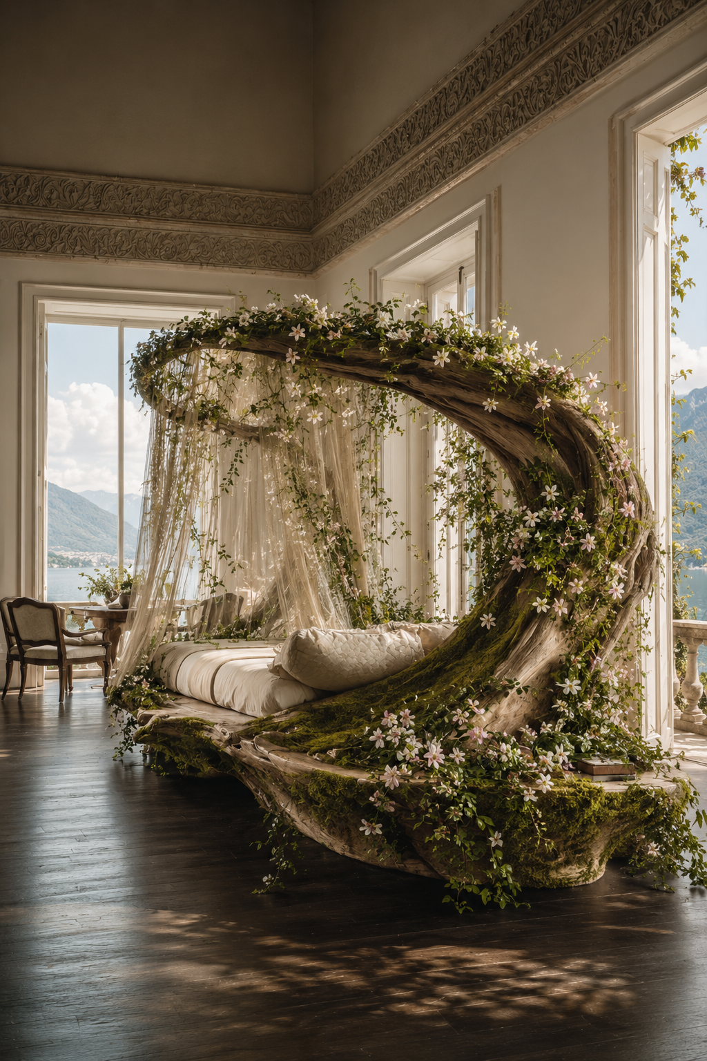 A sun-drenched lakeside terrace with white walls, trailing vines and still blue water