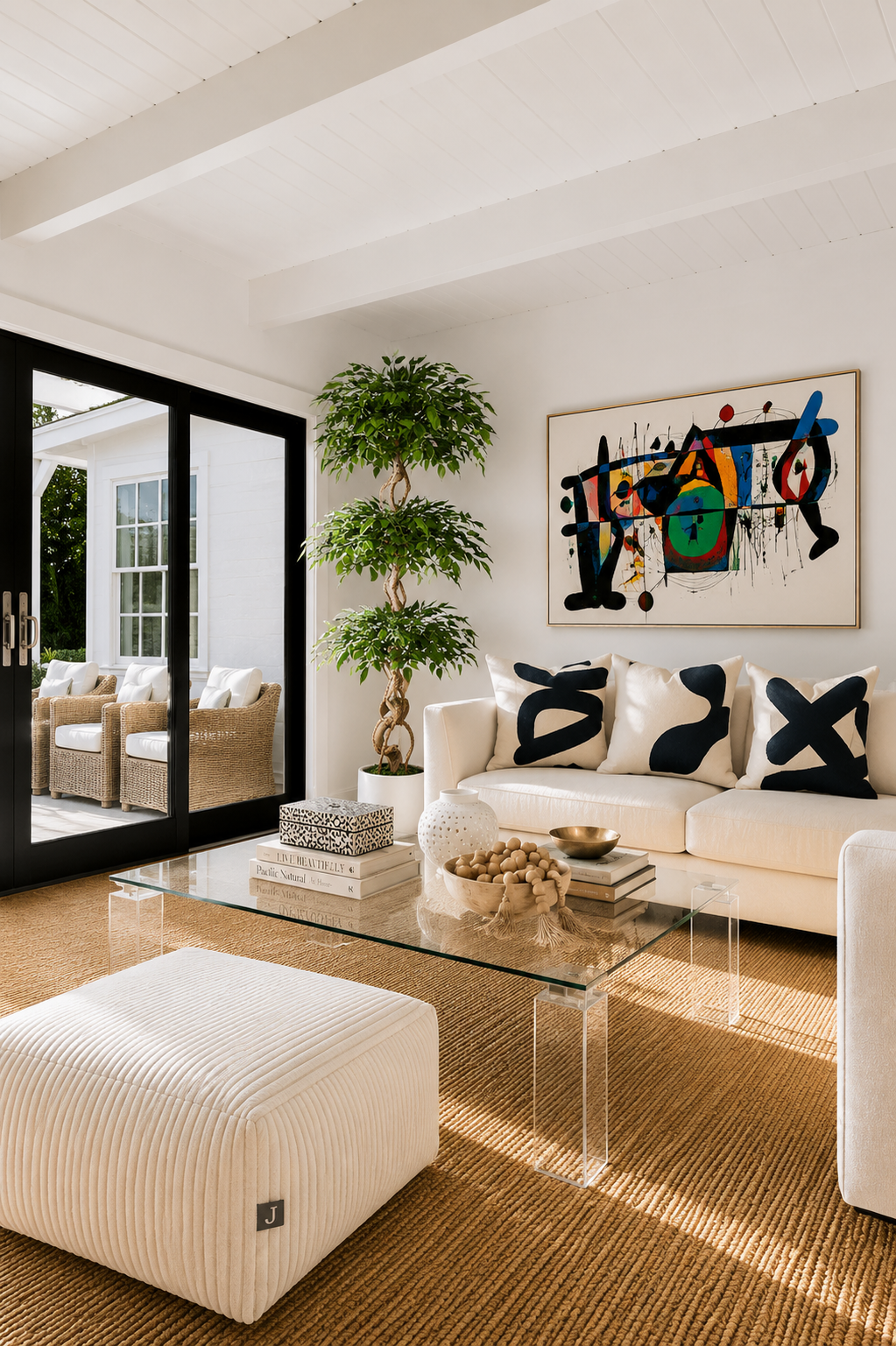 Bright modern living room with abstract wall art, cream sofa, clear acrylic coffee table, jute rug, black and white cushions and a large indoor tree