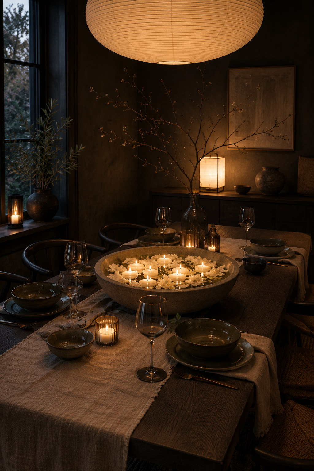 Moody Japandi dining room with floating candle centrepiece and paper lantern lighting