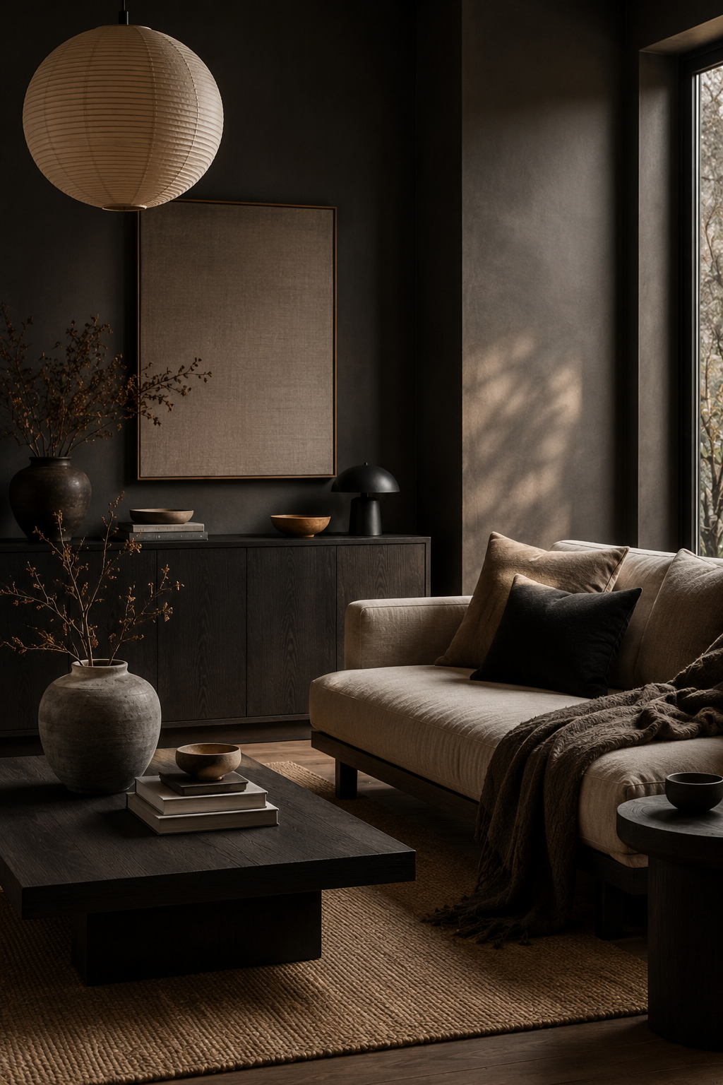 Moody minimalist living room with Japandi styling, paper lantern lighting, fluted coffee table and linen cushions