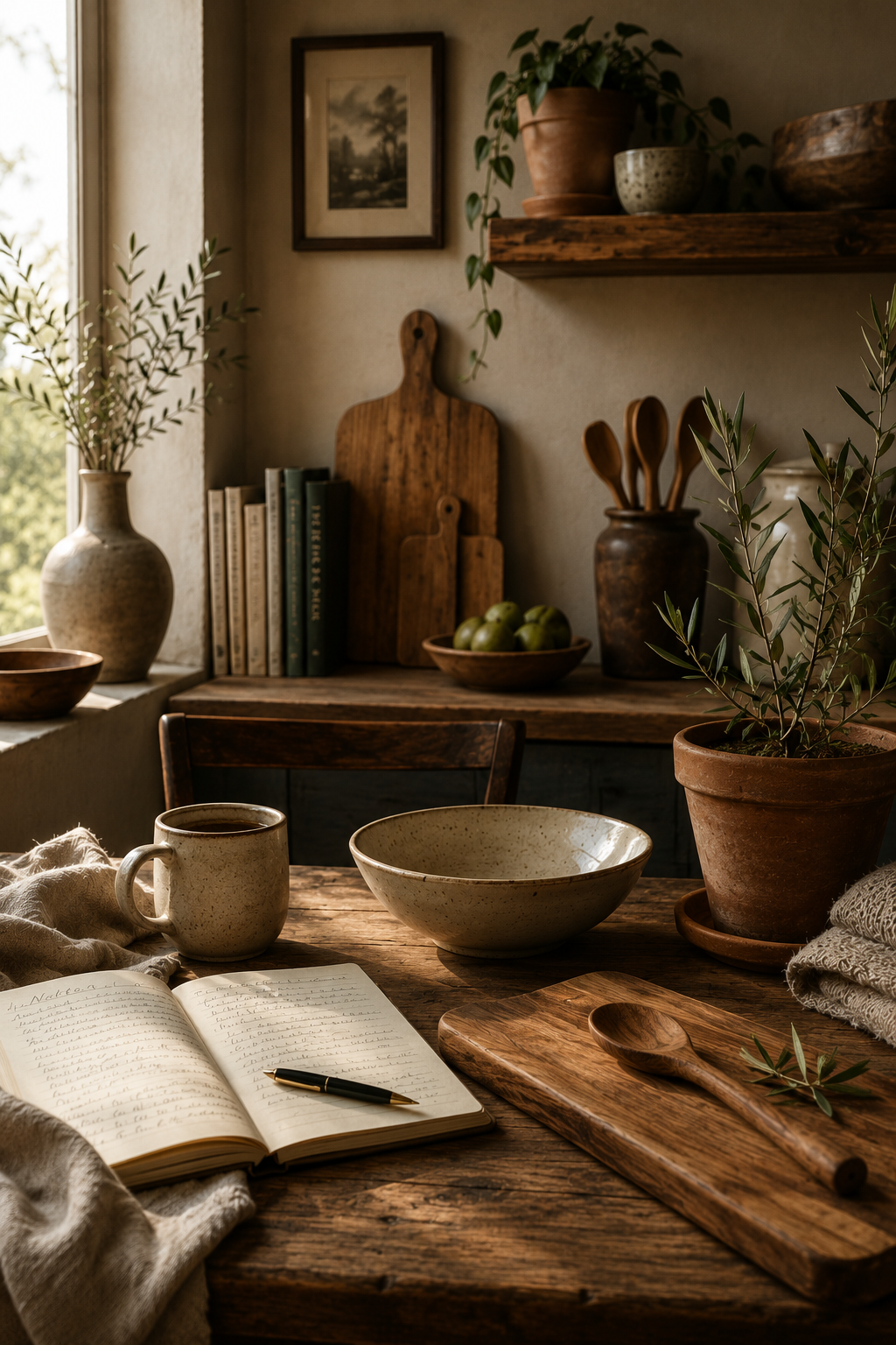 Natural materials in the home including wood, ceramic and linen