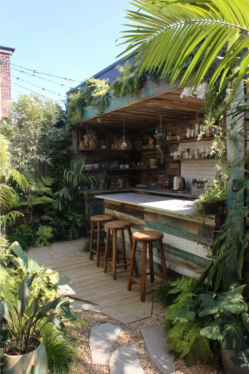 A beautiful outdoor room with natural materials, soft lighting and a table set for gathering in the garden
