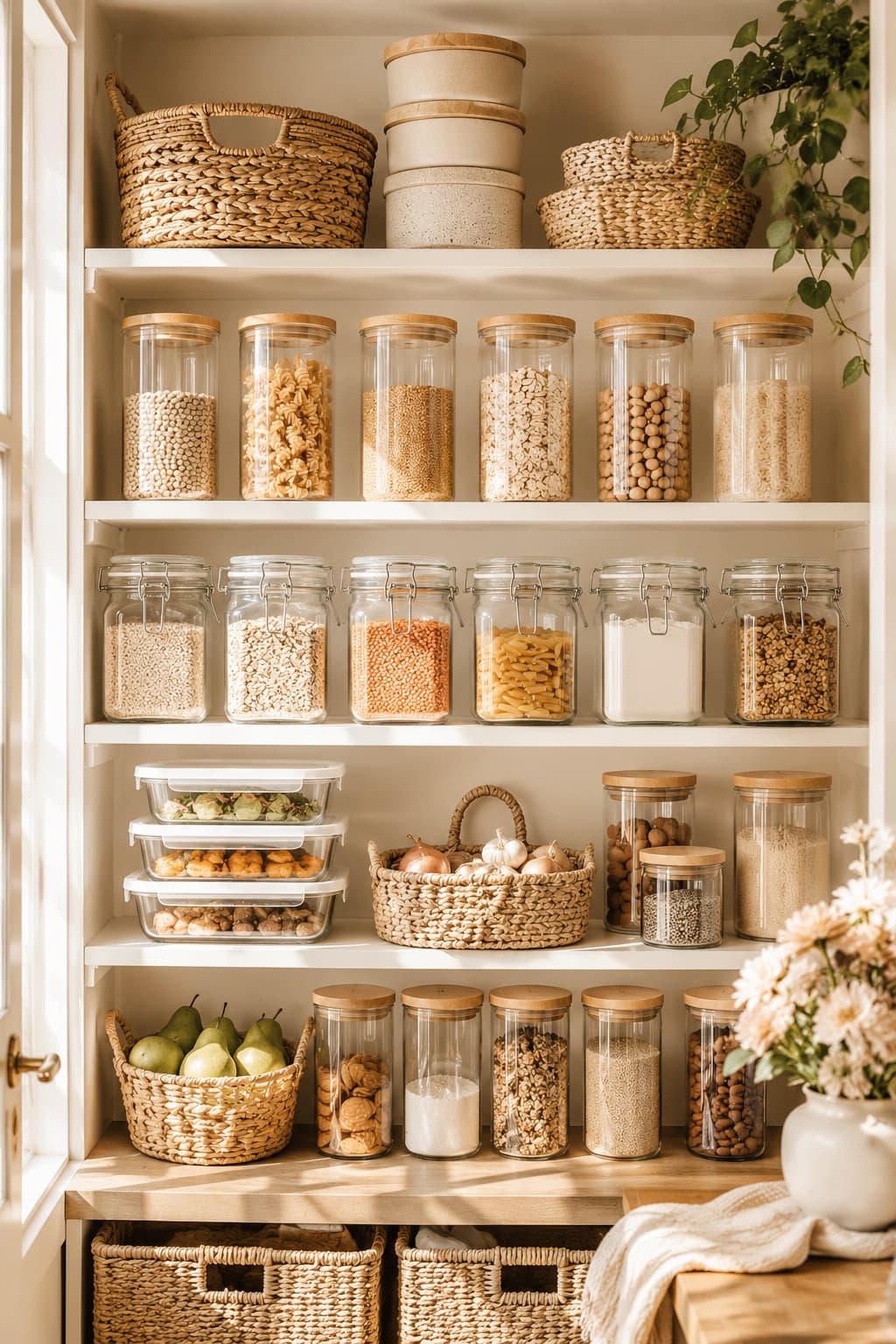 Organised kitchen pantry with glass storage jars, woven baskets and calm natural materials