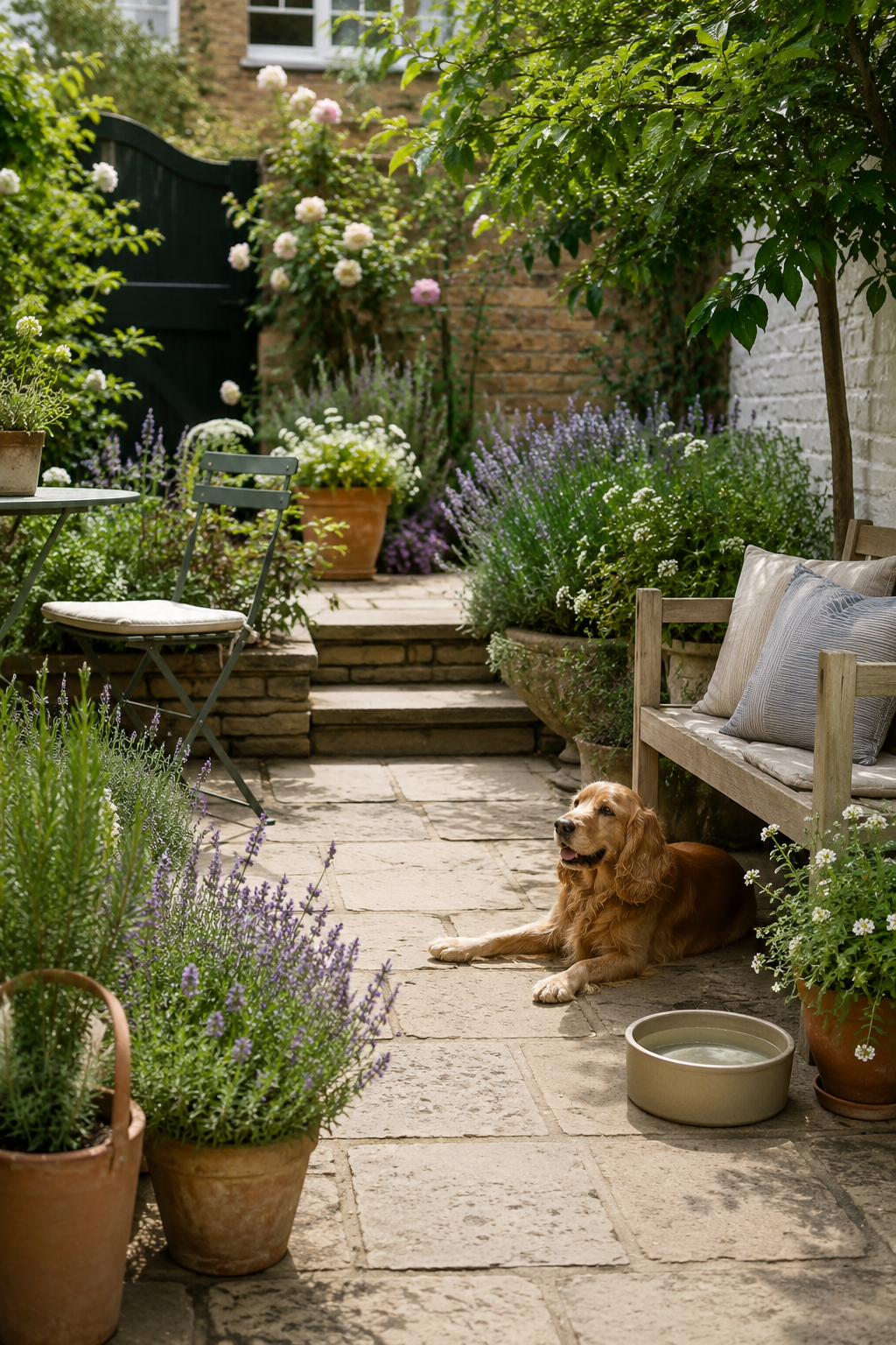 Pet-friendly garden patio with beautiful planting and outdoor styling
