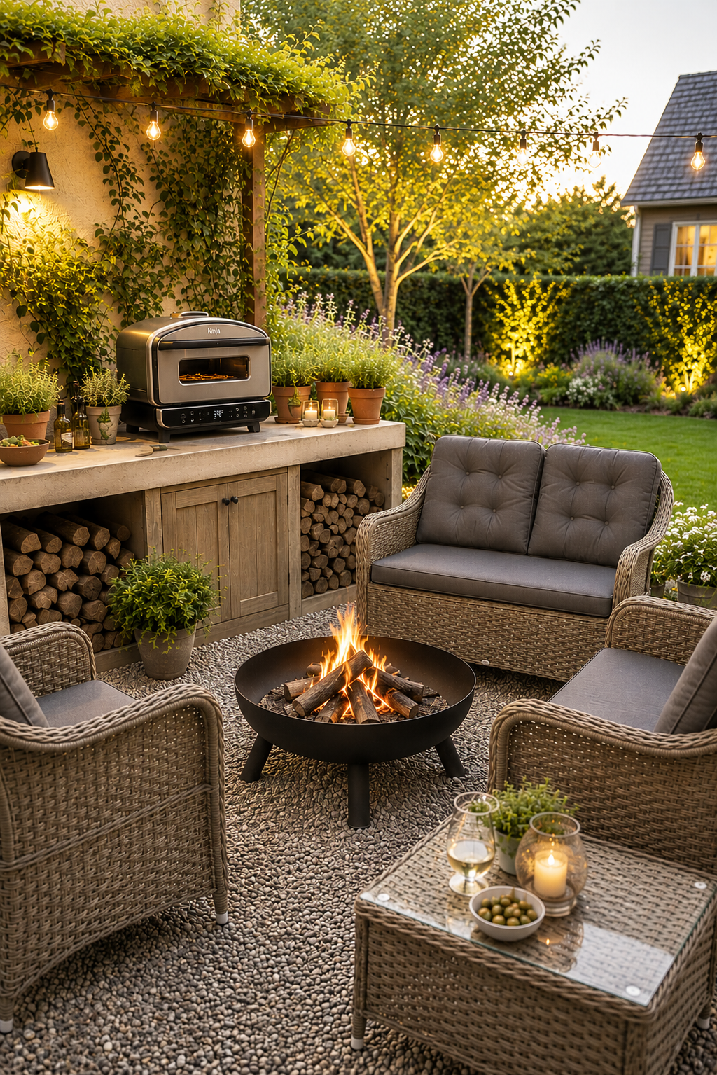 A warm evening garden with a cast iron fire pit, rattan sofa and chairs, Ninja outdoor oven and fairy lights overhead