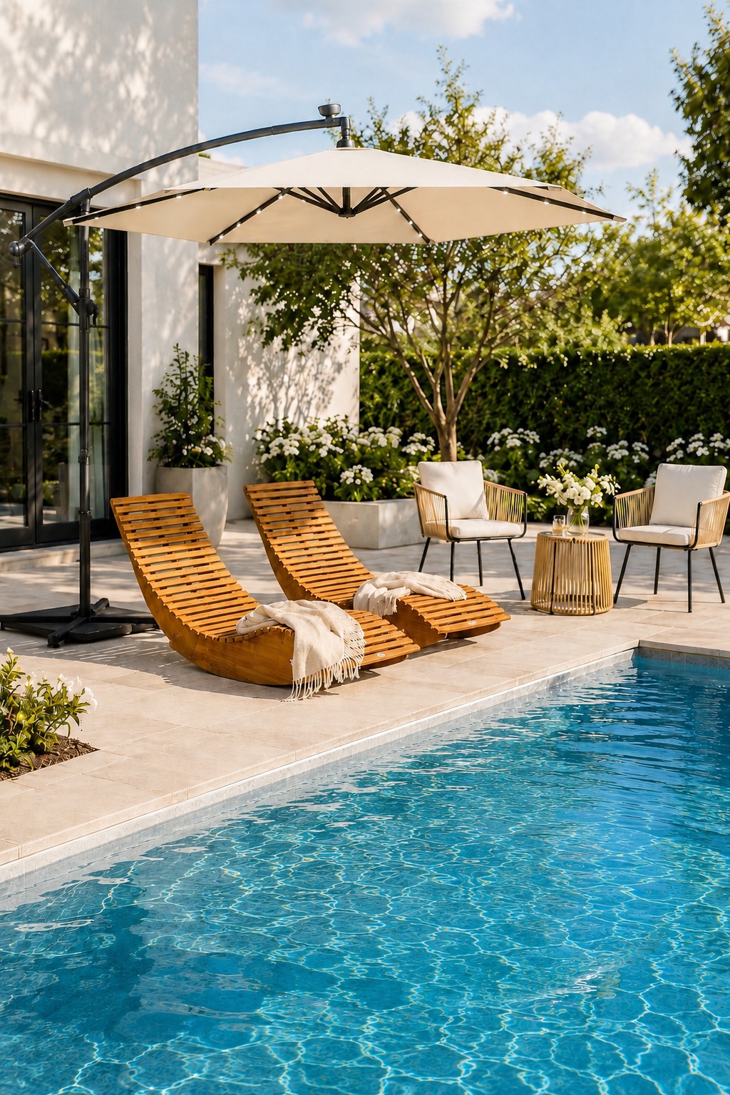 Aspirational poolside garden terrace with cantilever parasol, rattan bistro chairs and wooden sun loungers
