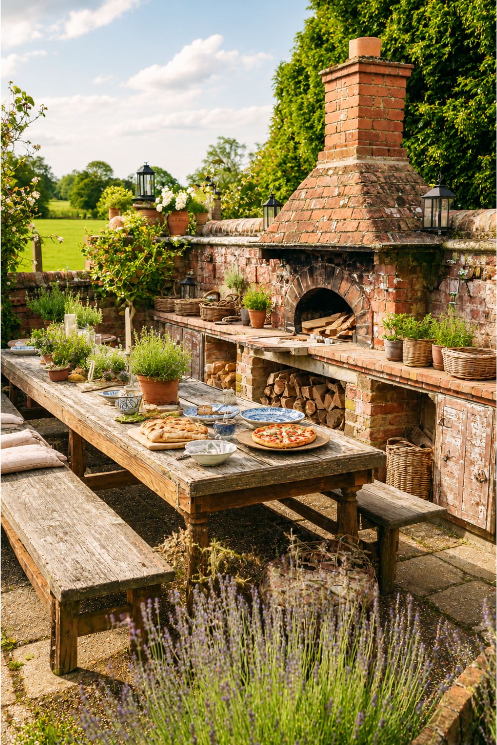 A reclaimed wood dining table and benches beside a weathered brick outdoor pizza oven, surrounded by lavender, terracotta pots and black lanterns in an English country garden