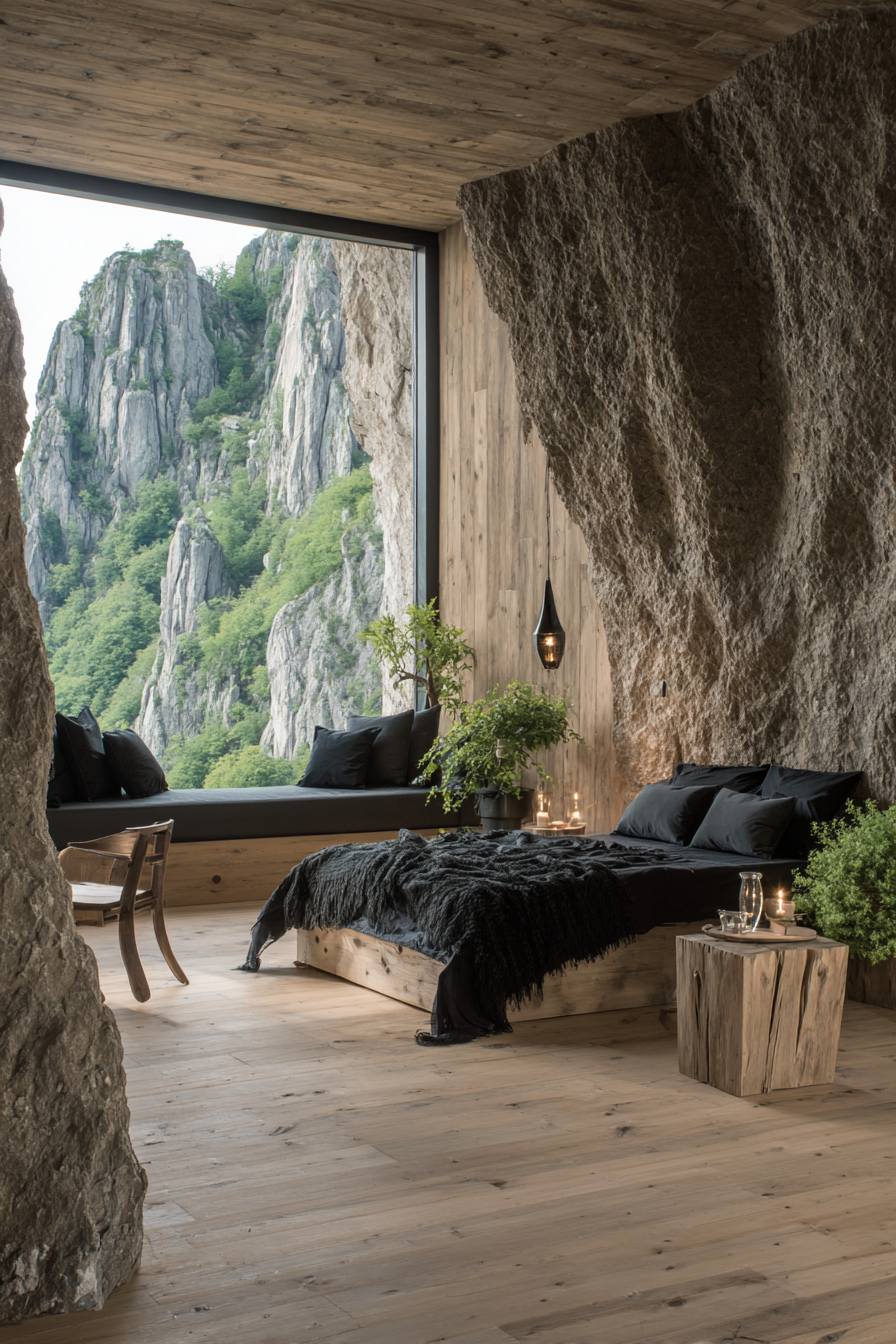 A dramatic mountain bedroom built into raw rock, with black linen, a low wooden bed, floor to ceiling window and views over Alpine peaks