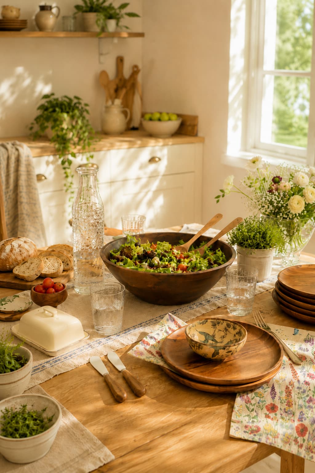 Sunlit kitchen table set for a relaxed summer lunch with wooden bowl, wildflower napkins and stacking tumblers