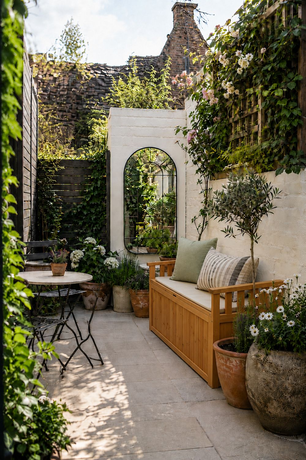 Small courtyard garden with storage seating, pots, mirror and vertical planting