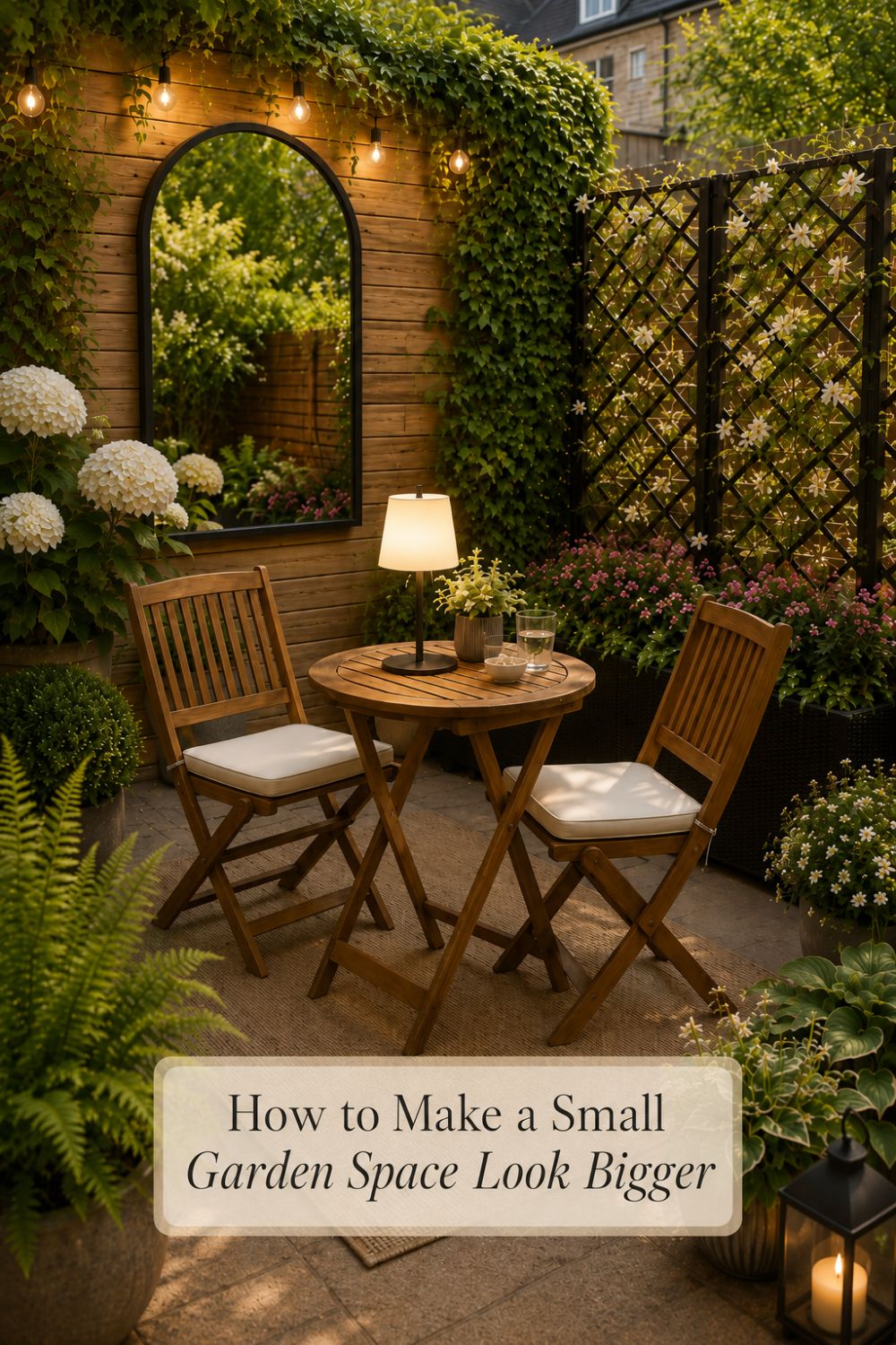 Small garden patio with bistro set, garden mirror, trellis planter, outdoor rug and warm lighting.