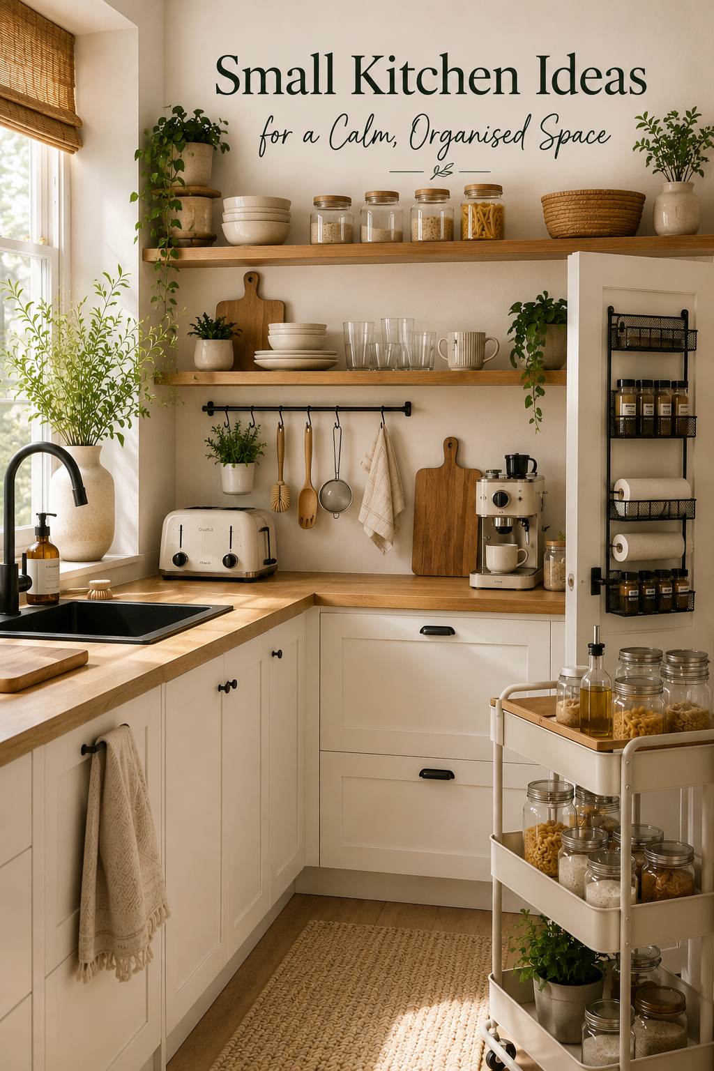 Small organised kitchen with open shelving, glass storage jars, rolling storage trolley and clever space-saving storage ideas