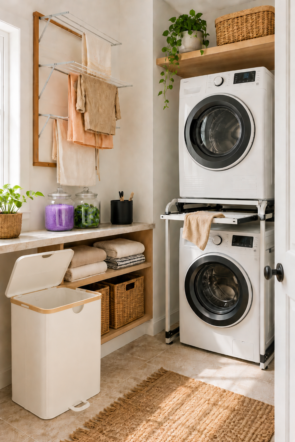 Small laundry room with stacked washer and dryer, drying rack, laundry jars and cream laundry basket.