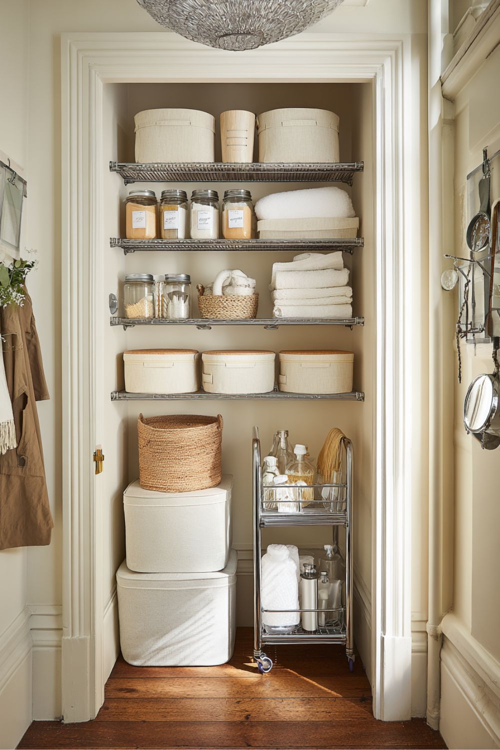 A neatly organised small storage room with woven baskets on shelves, fabric storage boxes and a rolling trolley for cleaning supplies